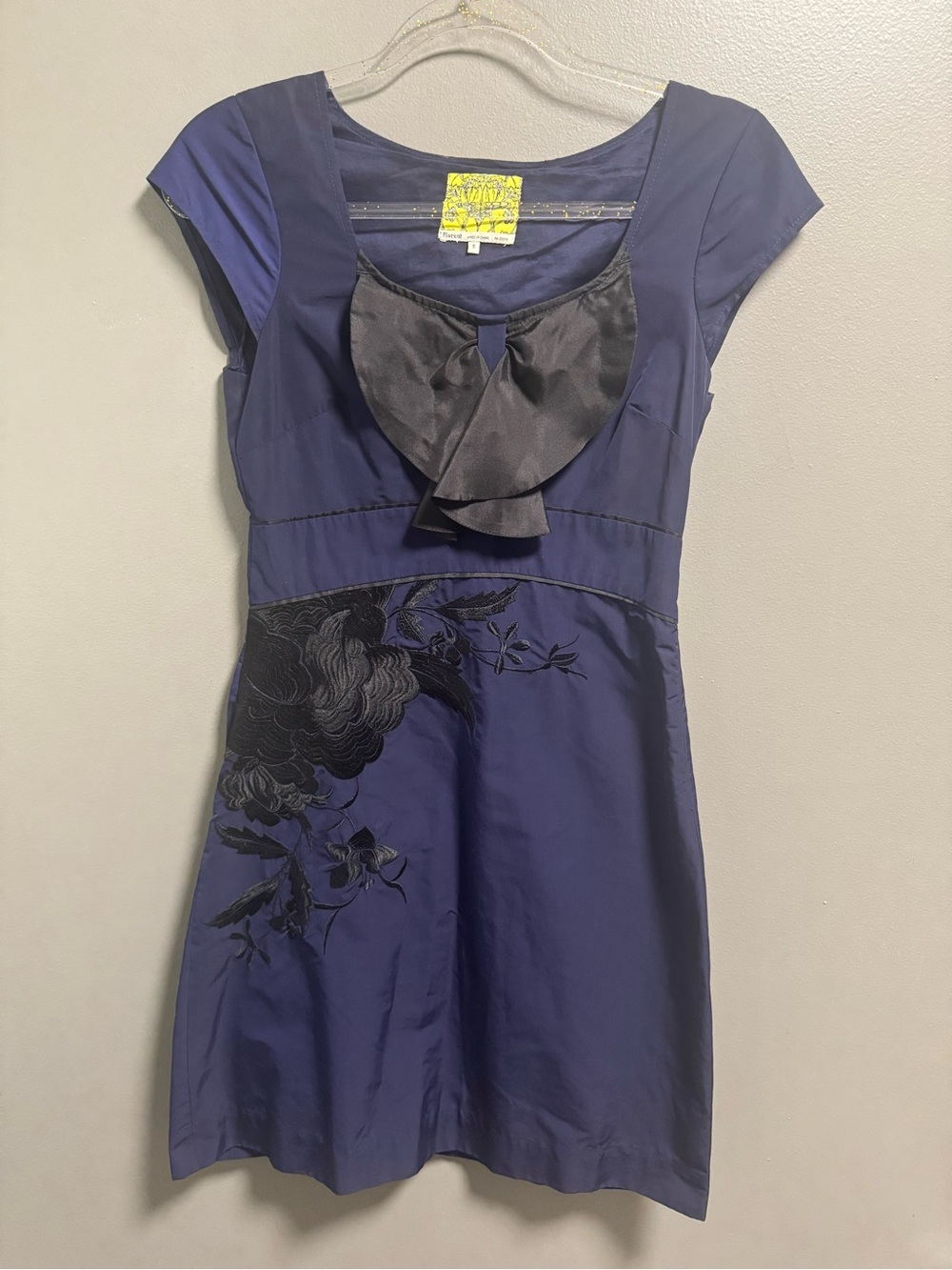 Floreat Anthropologie Sunless Skies Navy Blue & Black Floral-Embroidered Dress 2